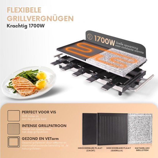PC-RG 1144 2-in-1 Raclette Grill Voor 10 Personen - Met Stenen Plaat En Grillplaat - Antiaanbaklaag - Traploze Thermostaat - 1700W - Roestvrij Staal — afbeelding 4