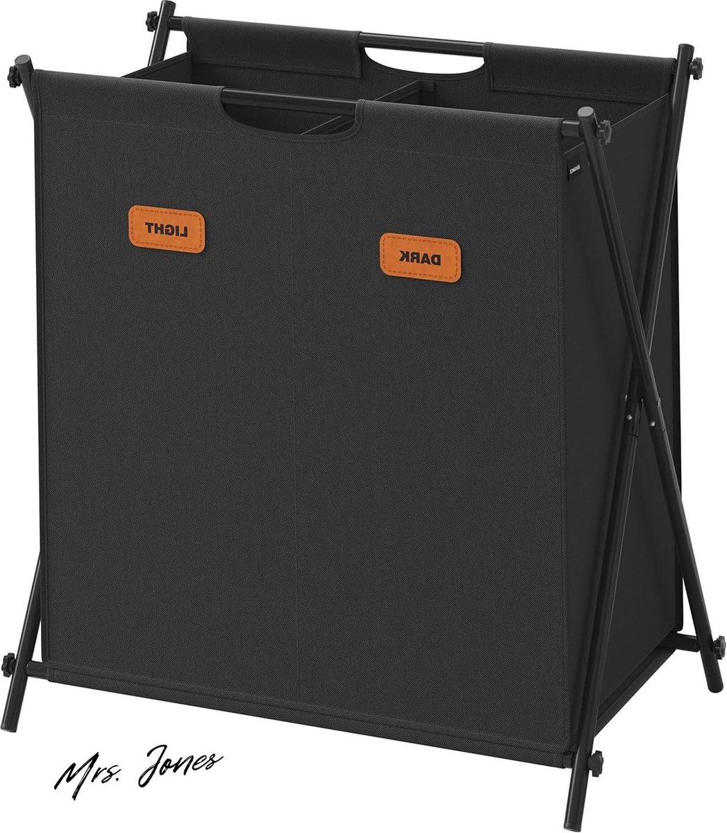 Goedkoopste Mrs. Jones Wasmand 115 liter wasmand wasbox 2 vakken opvouwbaar X-frame individuele labels voor wasruimte slaapkamer badkamer inktzwart LCB120B01 met deksel-ventilatie .