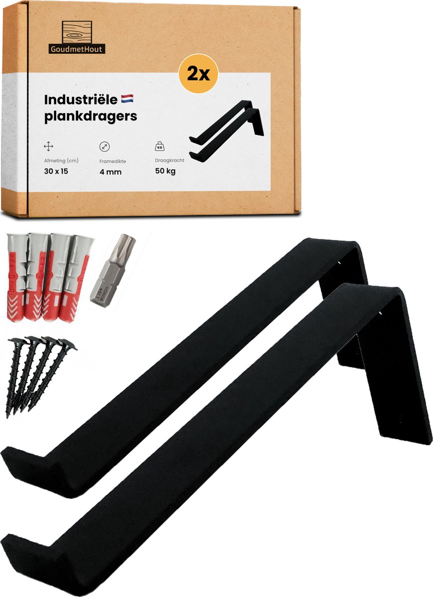 GoudmetHout® Industriële Plankdragers L-vorm - 30 cm - Stalen Plankdrager voor Wandschap, Muurrek of Wandconsole - Max 50 kg - 2 Stuks - Mat Zwart