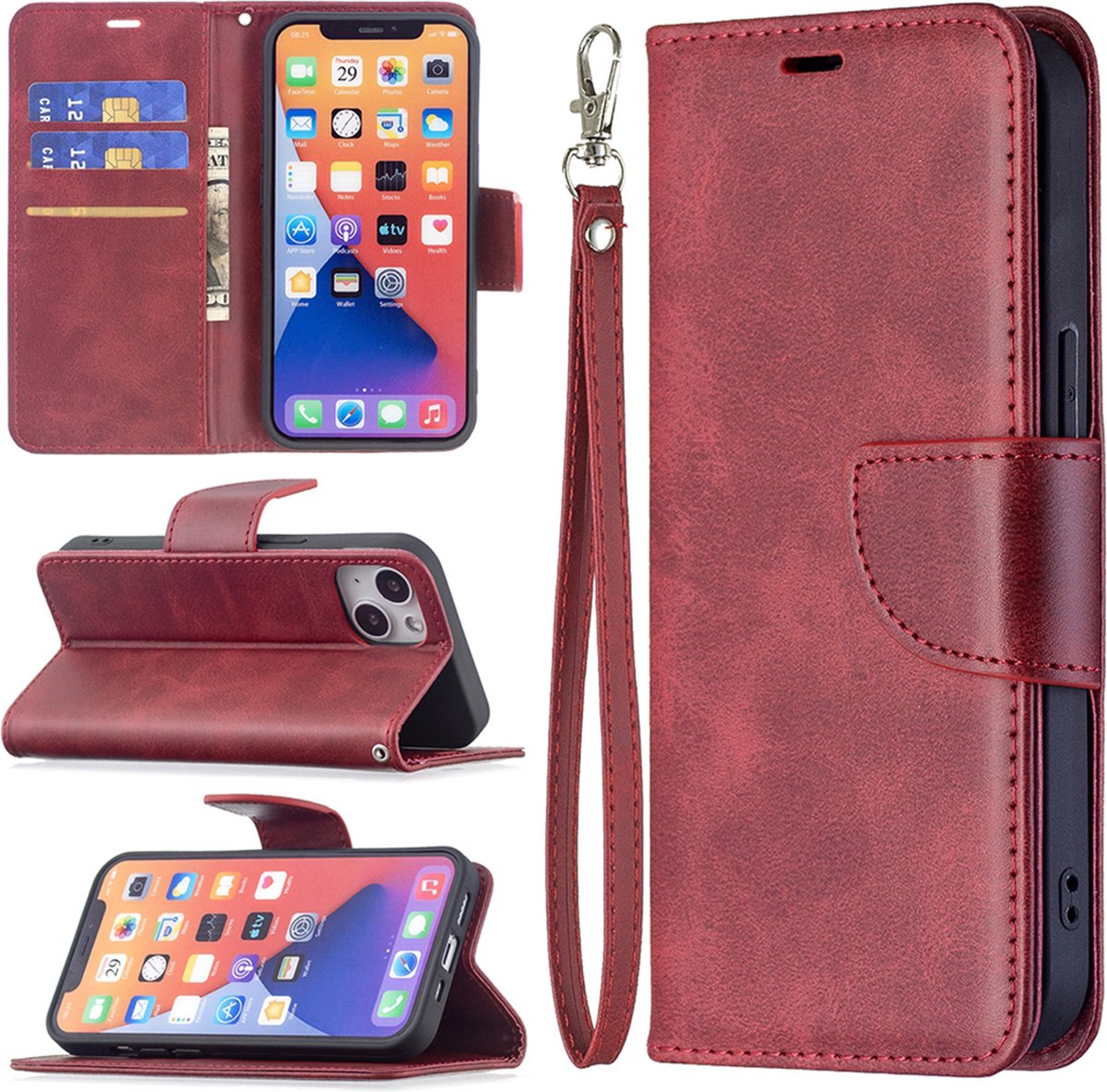 MobyDefend Hoesje - Geschikt voor iPhone 13 - Wallet Book Case Met Koord - Rood