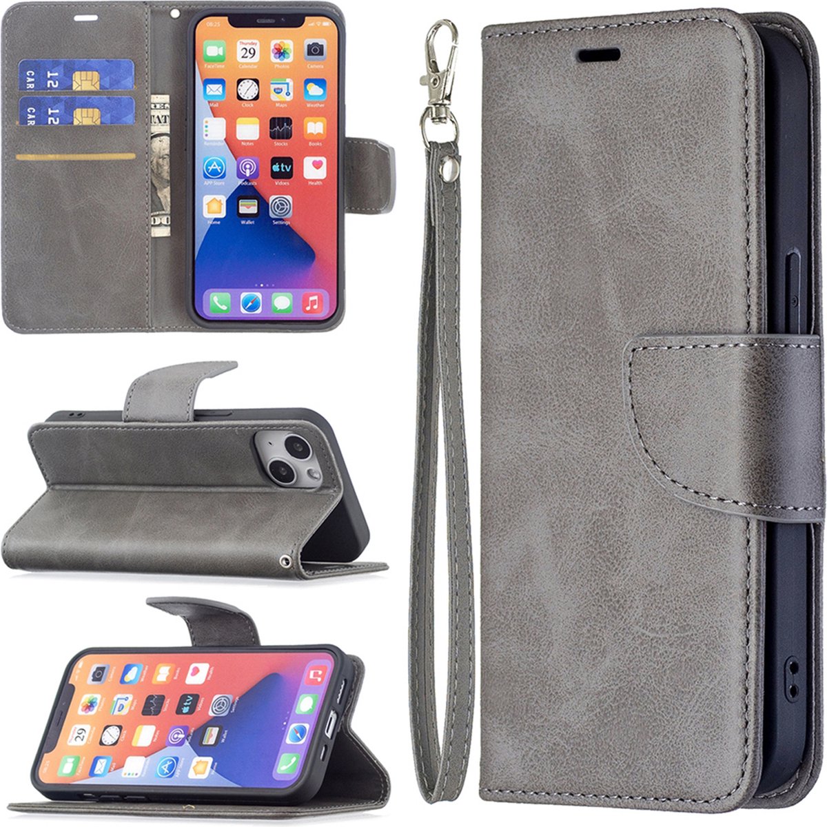 MobyDefend Hoesje - Geschikt voor iPhone 13 - Wallet Book Case Met Koord - Grijs