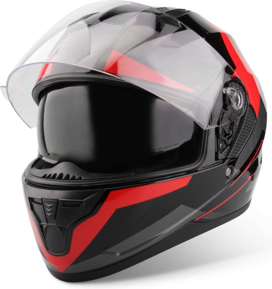 VINZ Becket Integraalhelm met Zonnevizier | Scooterhelm & Motorhelm & Brommerhelm | ECE 22.06 goedgekeurd | Lichtgewicht 1500 gram | Inclusief Opbergzak | Rood - XS