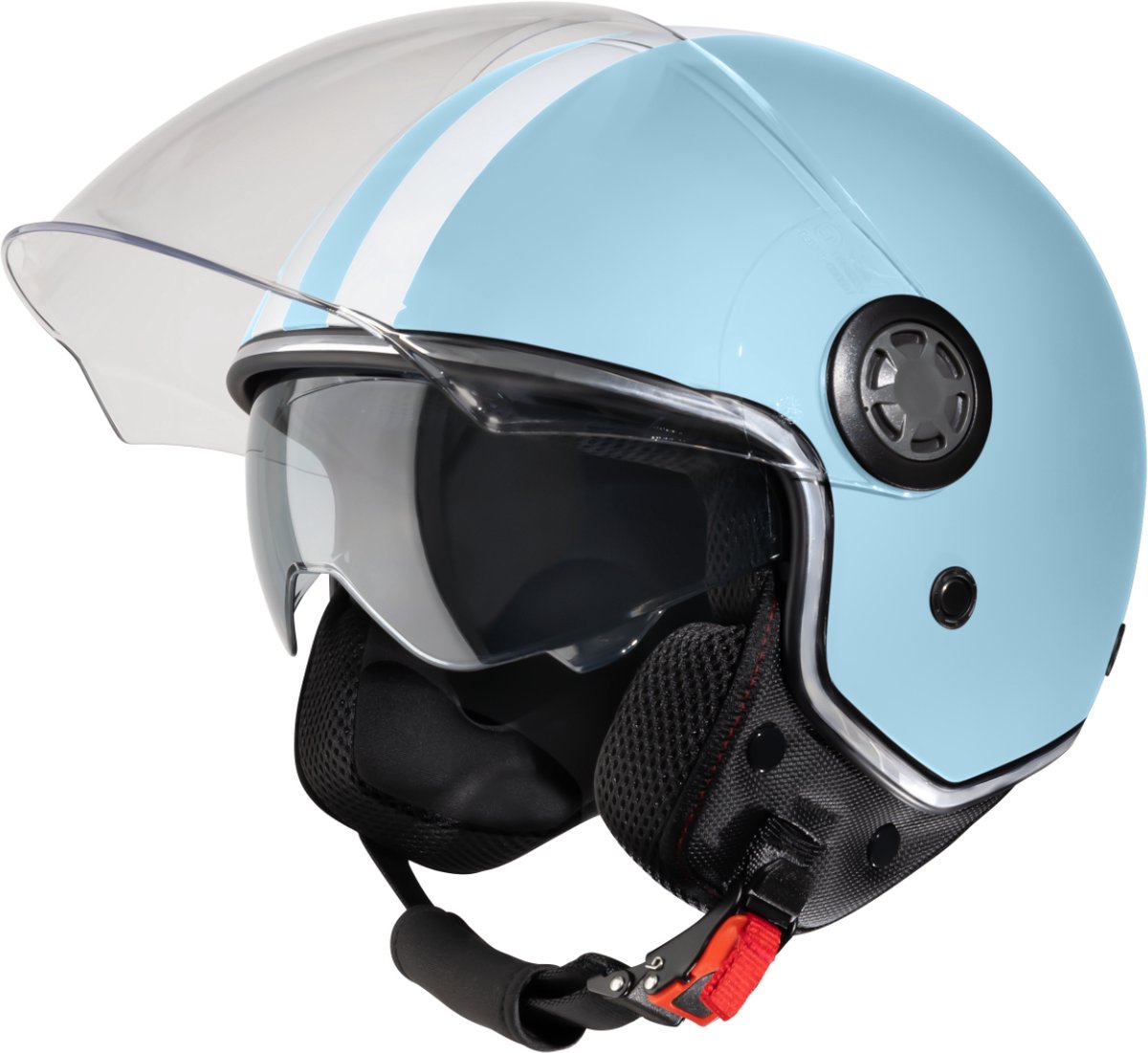 VINZ Parchi Scooterhelm met zonnevizier / Jethelm met streep / Helm voor Dames / Motorhelm / Helm Scooter Retro / Snorfiets helm / Snorscooter helm - Geschikt Voor Helmplicht Blauw Kenteken - Lichtblauw - XS