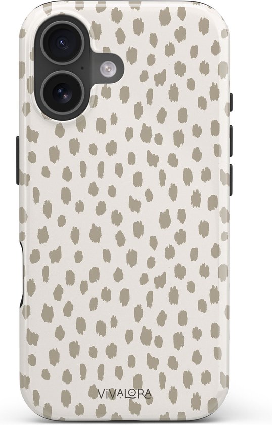 Coque de téléphone avec imprimé animalier beige et taupe, avec double ouverture de caméra à l'arrière.