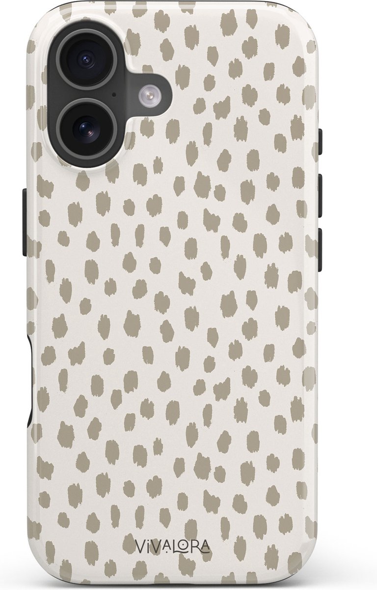 VivaLora Tough Telefoonhoesje iPhone 16 met MagSafe - Wild Dots Print - 2-in-1 Phone Case - Hard Case & Siliconen Backcover - Extra Bescherming - Shockproof Cover - Dierenprint - Panter Beige