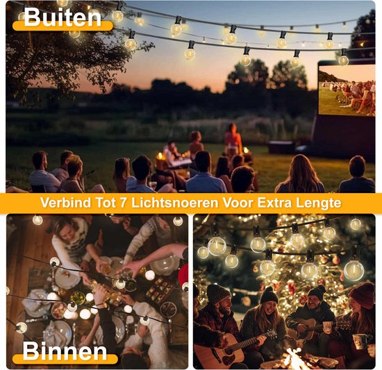 Sfeerfoto's van het lichtsnoer binnen en buiten bij een feest, barbecue en kerst.