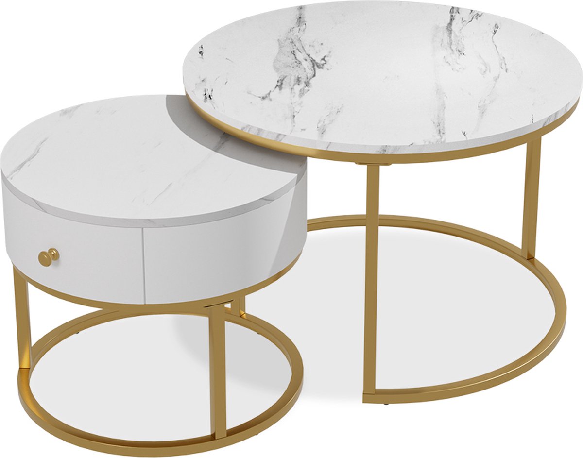 Vicco Madrid Salontafel set – 70 x 70 cm kleine tafel met lade Wit marmer