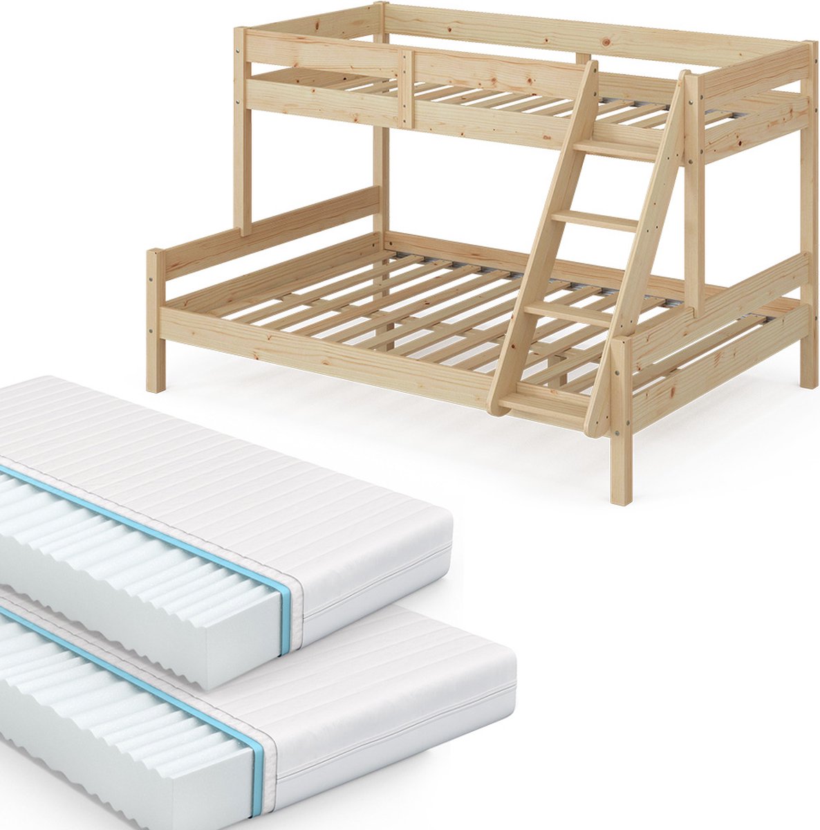 Vitalispa Everest Stapelbed – 140x200 / 90x200 cm met 2 matrassen Natuurlijk hout