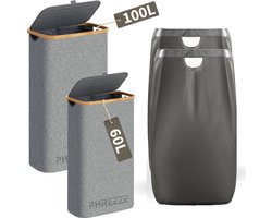Wasmanden Set - 60L + 100L - 2 Stuks - Wasmand met Deksel - Wassorteerder - Opbergmand - Mand Vuile Was - Grijs