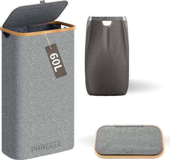 Panier à linge étroit avec couvercle et sac à linge - 60L - Étroit - Panier à linge - Pliable - Panier de rangement - Lin - Grijs