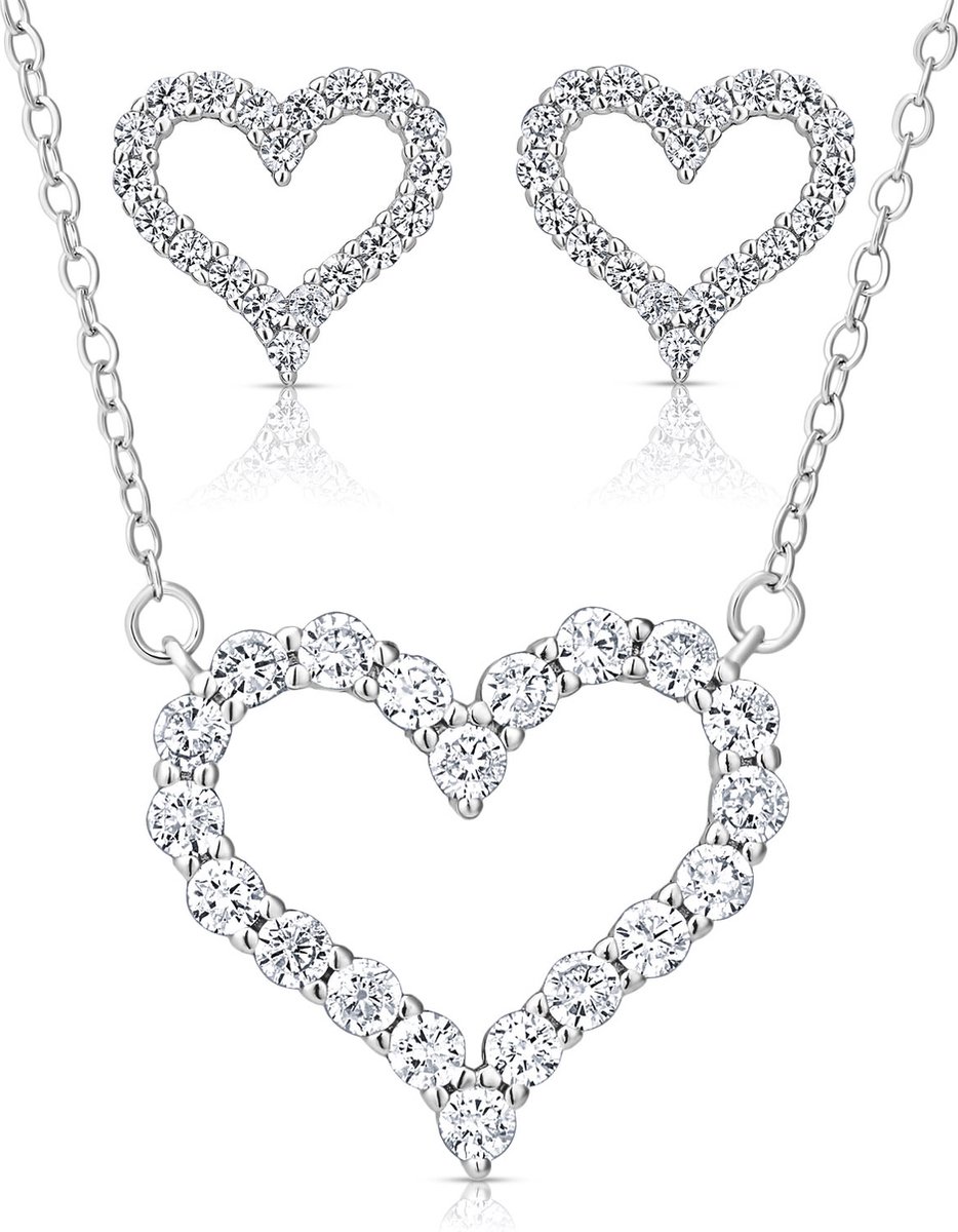 Juwelium Sieradenset + Flowerbox Geschenkset | Luxe Zilveren Love Hart Ketting en Oorbellen met Zirkonia | Perfect Cadeau voor Vrouw, Vriendin, Moeder, Dochter