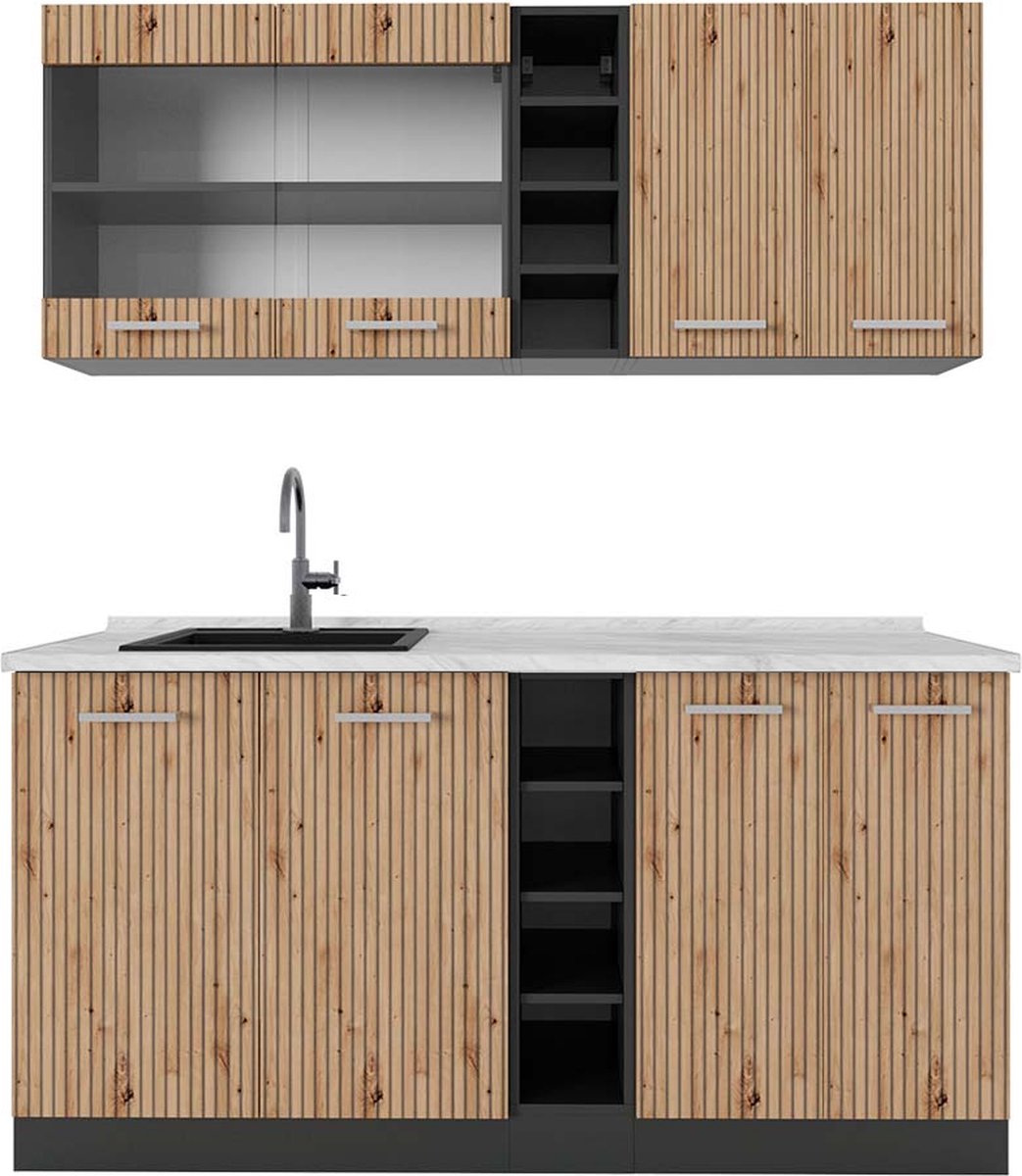 Vicco R-Line Eenpersoonskeuken – 160 cm, WB Marmer Artisanaal eiken/antraciet
