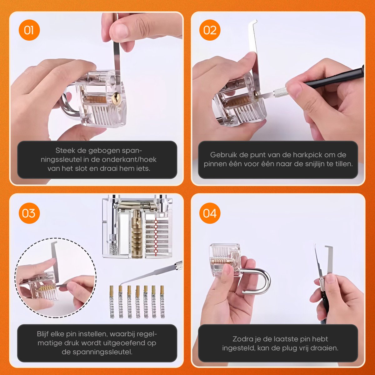 Templify Lockpick oefenset 46-delig - voor beginners en gevorderden - 4 doorzichtige sloten — cadeau in Hobby - foto 3