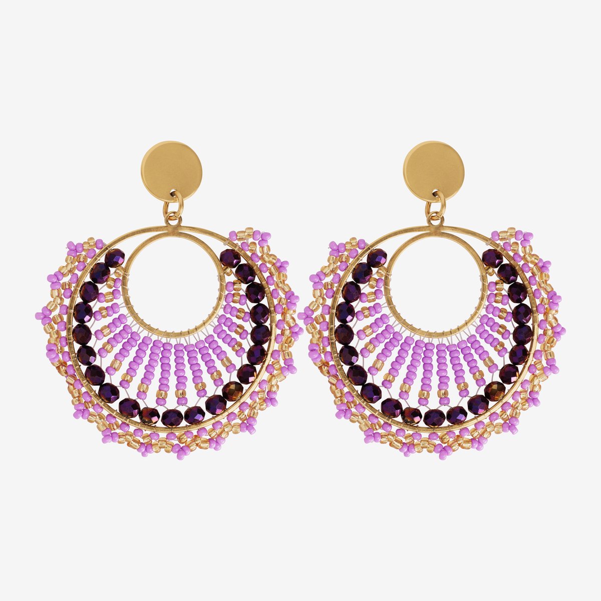 Eleganza Mixed Purple Beads Earrings Gold