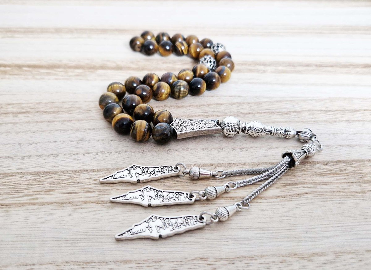 Handgemaakte tesbih "tasbih" natuursteen "Tijgeroog" - Aantal kralen 33 - Diameter kralen 10 MM - met metaal tassel "model 7" - Een mooi cadeau-idee