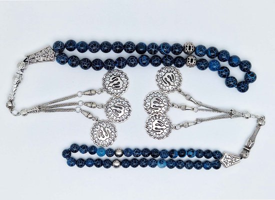 Tesbih "tasbih" fait main en pierre naturelle "Harmonie bleue" - Nombre de perles 33 - Perles de diamètre 8 MM - avec pompon en métal "modèle 11" - Une belle idée cadeau