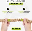Een close-up toont een elastische, uitrekbare riem met een rubberen binnenband, die de lengte van 120-150 CM illustreert.