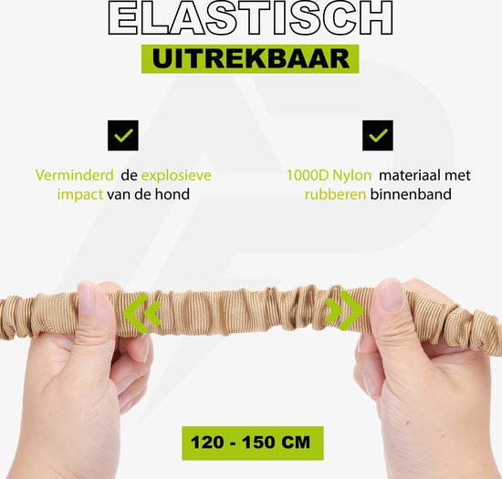 Een close-up toont een elastische, uitrekbare riem met een rubberen binnenband, die de lengte van 120-150 CM illustreert.