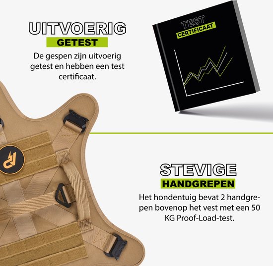 Een beige hondentuigje met verstevigde handgrepen aan de bovenkant, naast een testcertificaat.