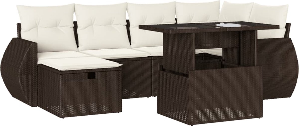 vidaXL 7-delige - Loungeset - met - kussens - poly - rattan - bruin