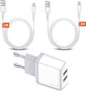 Chargeur USB avec 2 Portes et 2 câbles USB vers Lightning de 2 mètres – Compatible avec les modèles 14, 13, 12, 11, X, 8, 7, SE