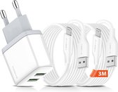 Chargeur 2 Portes avec 2 Câbles USB 3 mètres - Compatible avec AirPods et iPhone avec connexion Apple Lightning