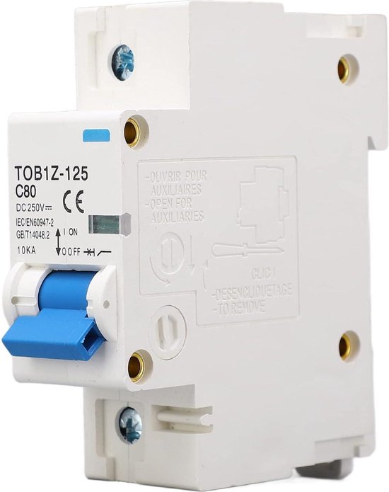 DC-miniatuurstroomonderbreker 1P 125A 250V, Zonne-PV-systeem TOB1Z 125 C125, DIN-railmontage, DC-scheidingsschakelaar voor Residentieel en Commercieel Gebruik, Interne Hulpboog