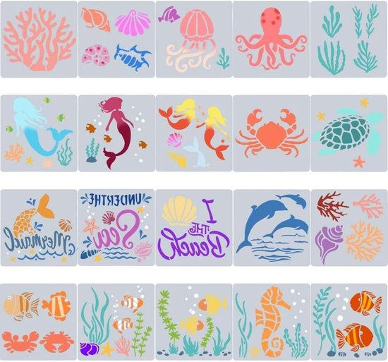 OOTSR 20 stuks herbruikbare sjablonen voor wandschilderij, decoratieve sjablonen voor kunststof muren, oceaan en strandsjablonen voor kinderen, voor