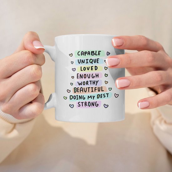 Creasowl® - I am, Motiverende spreukjes - Mok - Dagelijkse affirmatie mok met positieve spreuken - Verjaardag cadeau - Moederdag - Cadeau voor moeder - Cadeau voor vrouw - Koffiemok - Theemok - Mok met quotes - Kerst cadeau - Cadeau feestdagen