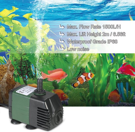 Decdeal Mini-waterpomp, 600 l/u, 8 W, dompelpomp, aquariumpomp, onderwaterpomp, waterspeelpomp met 2 sproeiers voor fontein, aquarium, vijver, tuin, met EU-stekker