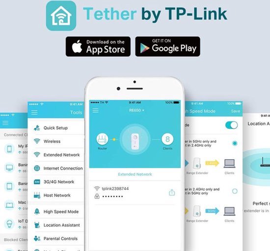 Telefoon met de Tether-app, waarop de extender met 8 apparaten is verbonden.