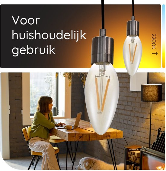 Lampe LED SPL E14 2W Dimmable - CRI 93 - Or - Wit Extra Chaud - 2200K - Bougie à Filament LED C35 - Remplace 11W - 5 Pièces