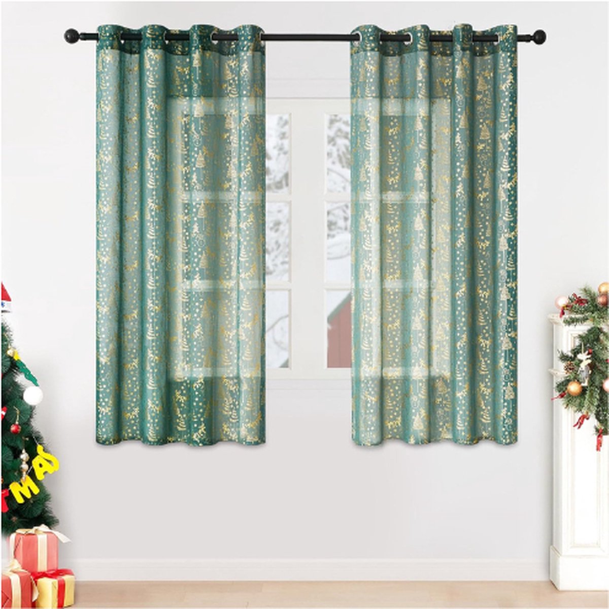 Gordijn Woonkamer Modern 145 Cm Hoge Gordijnen - Kerst 140 Cm Brede Gordijnen - Groene Voile Gordijnen - Transparant Kort Gordijn Voor Kinderkamer - Set Van 2 Gordijnen