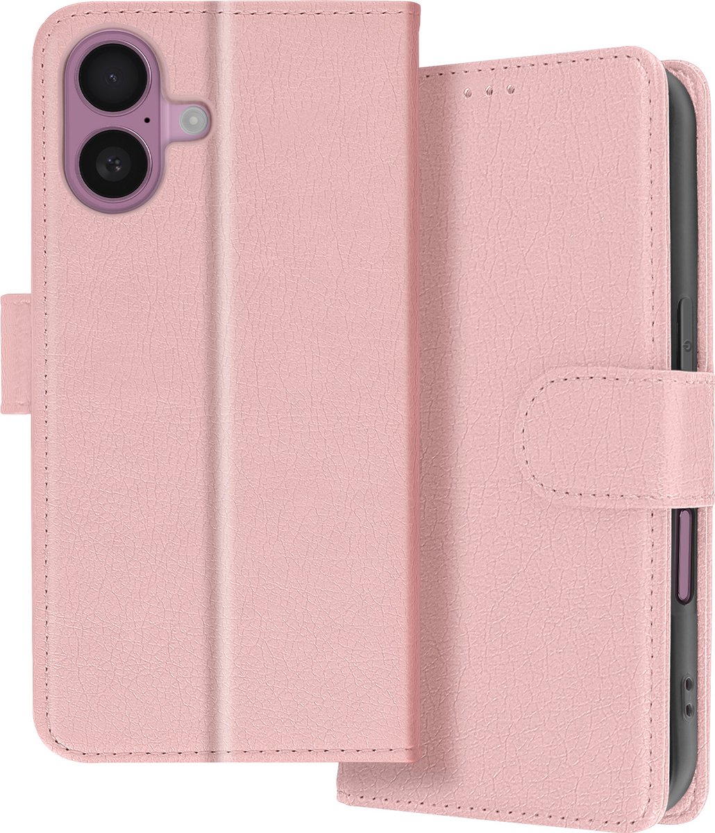 Avizar Beschermhoes Geschikt voor Apple iPhone 16 Plus Clapet Wallet en Videohouder, Rose goud