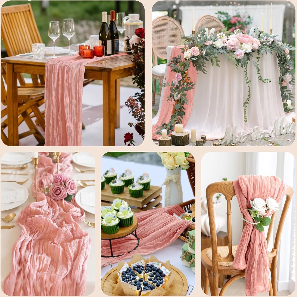 Goodivery ® Tafelkleed van Gaasstof voor Boho Bruiloft en Feestdecoratie in Donkerroze