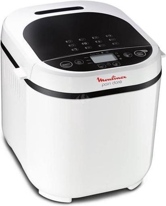 Witte broodbakmachine met zwart bedieningspaneel en display. Merk: Moulinex.