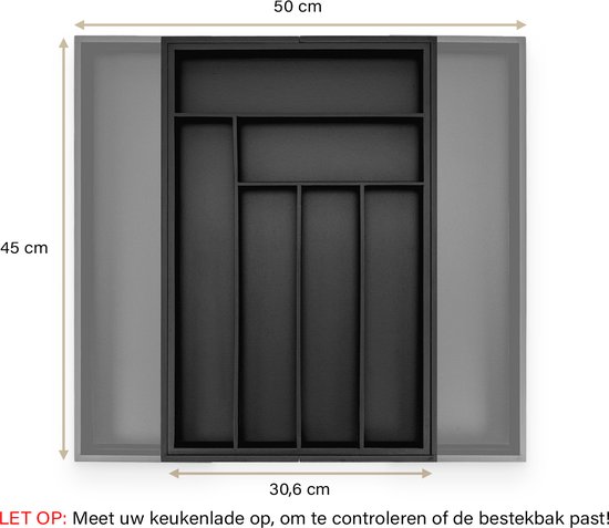 Boîte à couverts extensible noire de 45x50 cm avec 6-8 compartiments. ATTENTION : Mesurez votre tiroir pour voir si la boîte s'adapte !