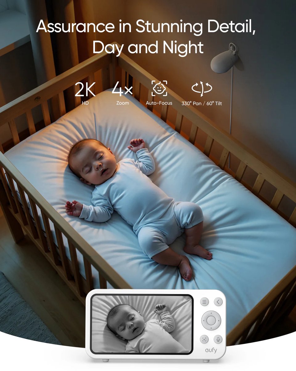 Afbeelding 2 van eufy Baby E20 Babyfoon – Baby Monitor – 2K HD Resolutie – App- en Offlinebesturing – Scherp Nachtzicht – 5000mAh Accu – Intelligente Geluids- en Temperatuurmeldingen – Beveiligde Verbinding – Wit