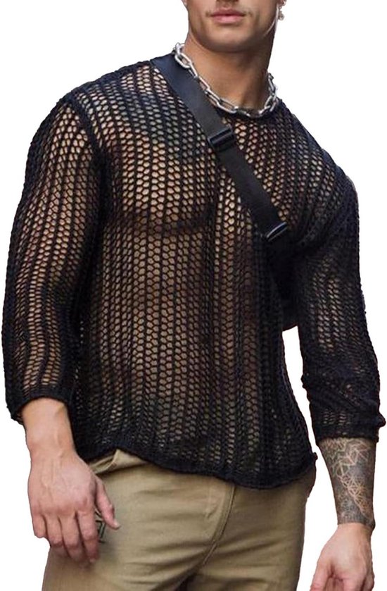 Chemise en maille transparente à manches longues T-shirt en résille pour hommes-haut en maille Sexy Clubwear XXXL Zwart