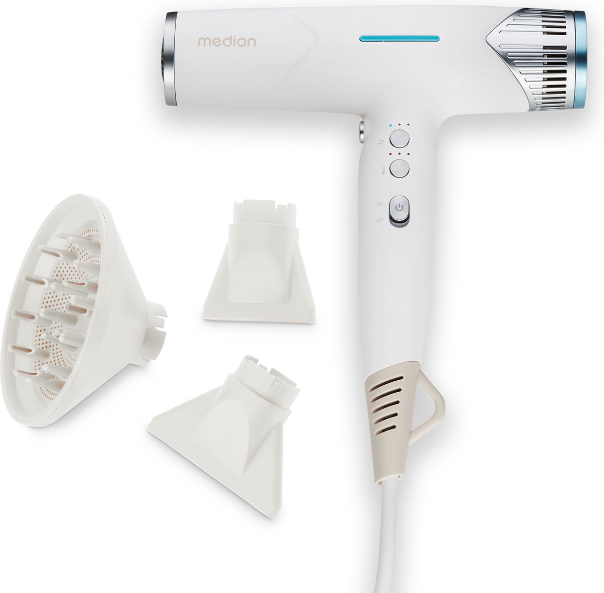 MEDION HD2 haardroger (ionische technologie, 1.500 watt, veelzijdige opzetstukken voor diffuser en stylingmondstukken, duurzame BLDC motor, zelfreinigende functie, lang netsnoer) wit