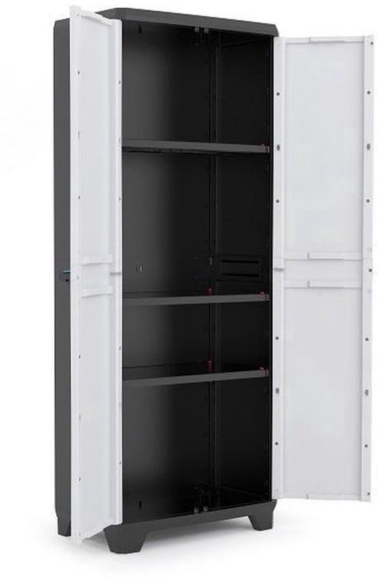 Grijze kast met geopende deuren, zwarte binnenkant en grijze legplanken.