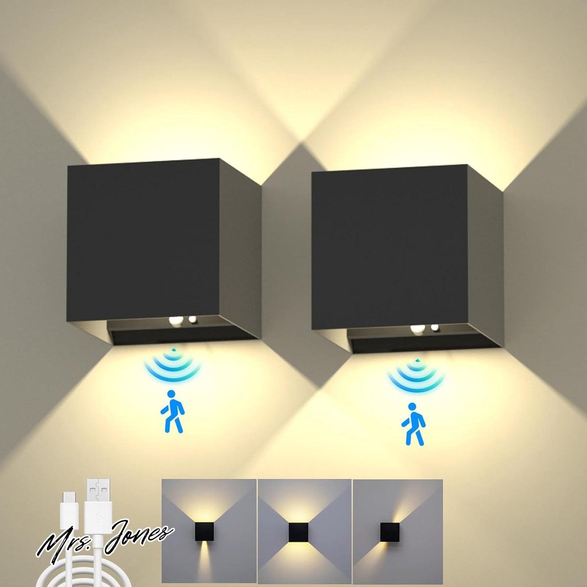 Mrs. Jones 2 stuks wandlamp voor binnen met bewegingsmelder - accu wandlamp zonder stroomaansluiting - draadloze wandlamp met schakelaar - energiebesparende led-wandlamp voor binnen .