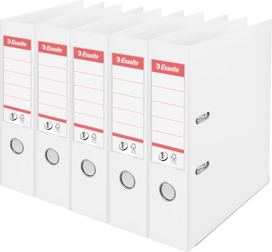 Lot économique de cinq classeurs Esselte blancs avec accents rouges et espace d'étiquette vide.