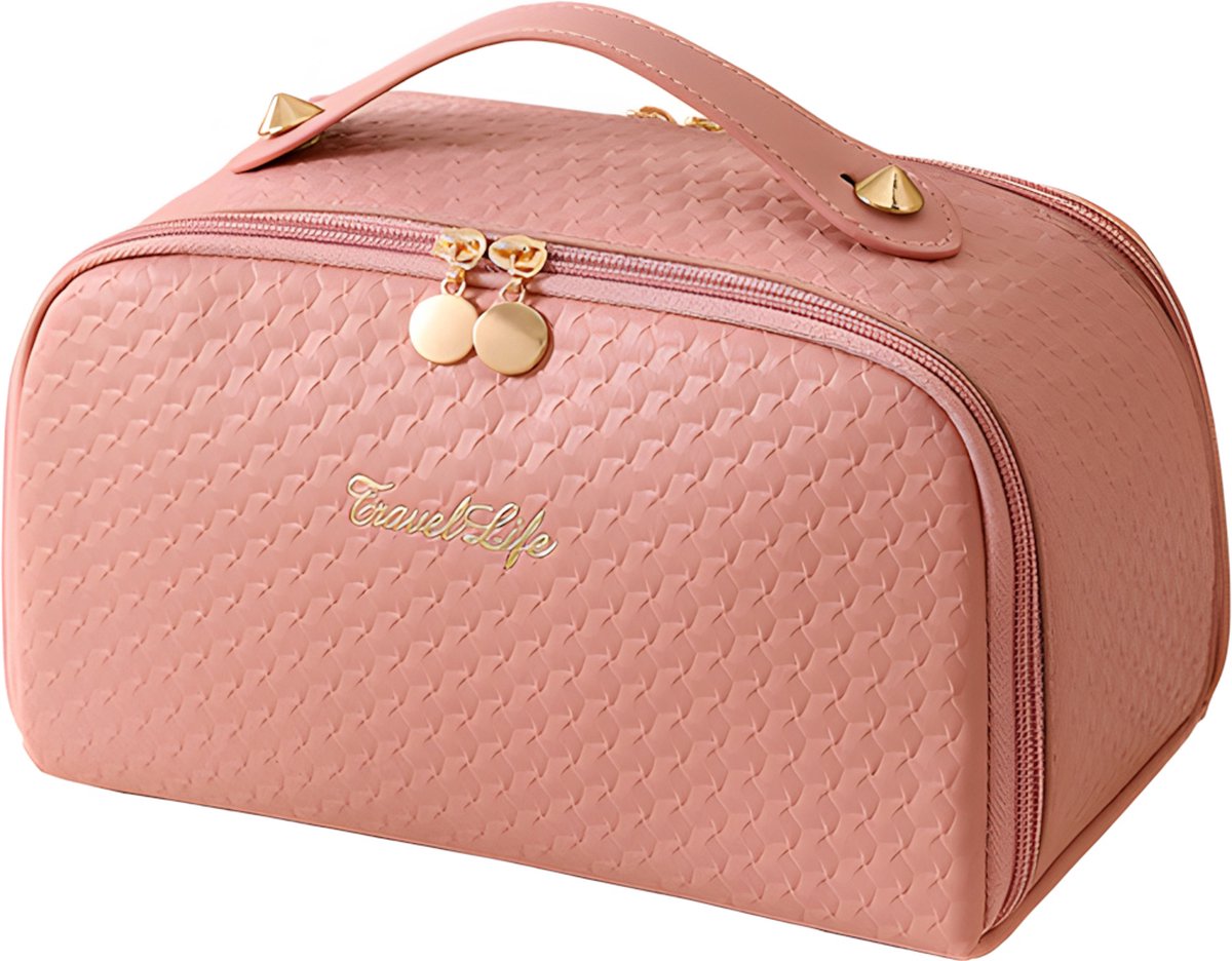 Rainbecom - Reis Cosmetische Toilettas - Roze - Make Up Koffer 25x14x13 cm - Draagbare Leren Organizer - PU Opbergtas Geruite Reliëf - Grote Capaciteit Reis Opbergtas - PU-Leer - Waterdichte Vrouwen Meisjes Beautycase - met Handvat - Geometrische Pri