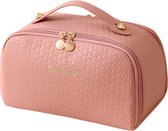 Rainbecom - Reis Cosmetische Toilettas - Roze - Make Up Koffer 25x14x13 cm - Draagbare Leren Organizer - PU Opbergtas Geruite Reliëf - Grote Capaciteit Reis Opbergtas - PU-Leer - Waterdichte Vrouwen Meisjes Beautycase - met Handvat - Geometrische Pri