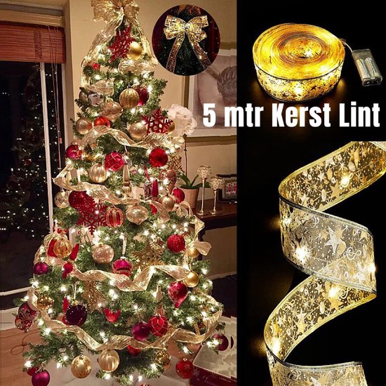 KERST LINT Decoratie GOUD met 50 st LED-lampjes en 1 programma - Kerstdecoratie Band 5 Meter - goud