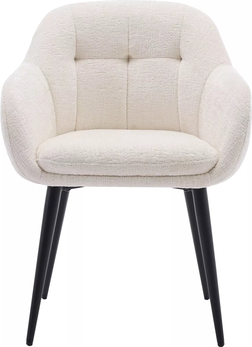 Vente-unique Set van 2 stoelen met armleuningen van stof met textuur en zwart metaal - Crèmewit - LASSANDRA