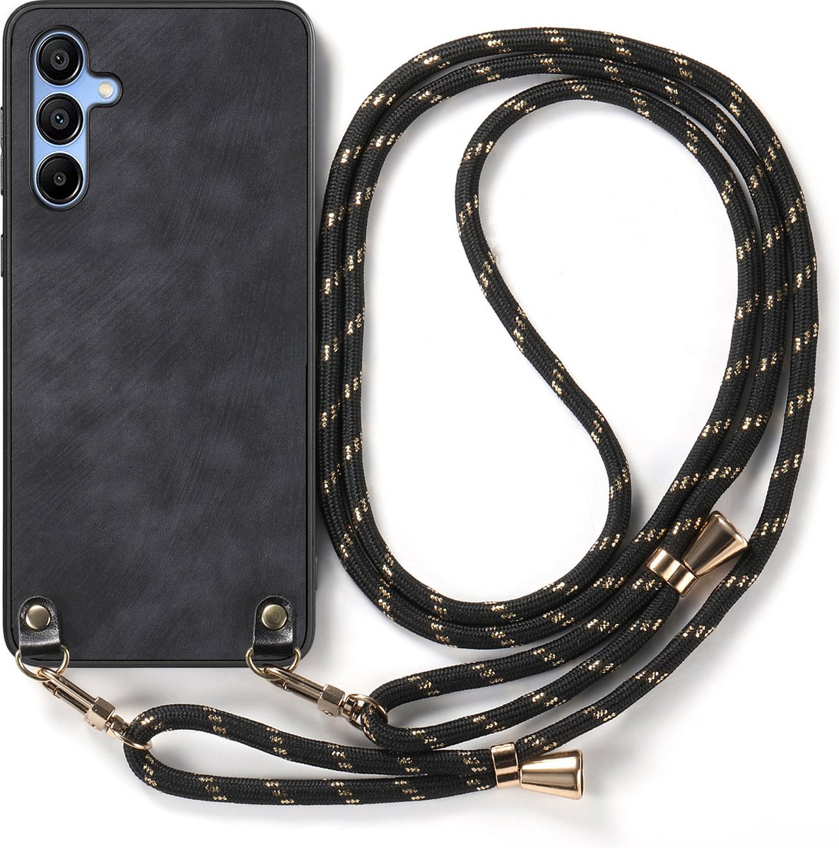 Hybride Backcover met Verstelbare/Afneembare Schouderband + Screenprotector voor Galaxy A35 _ Zwart