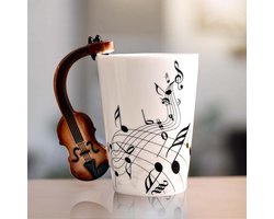 Keramische koffiemok met viool handvat - Muzieknoten bedrukte theekopje - Cadeau mok voor muziekliefhebbers - 250 ml .