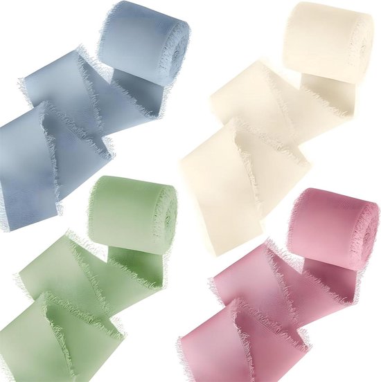 TONIFUL Chiffon Zijden Lint – 4 Rollen Van 5 Meter, Saliegroen, 3,5 Cm Breed, Voor Feestdecoratie En Cadeauverpakking